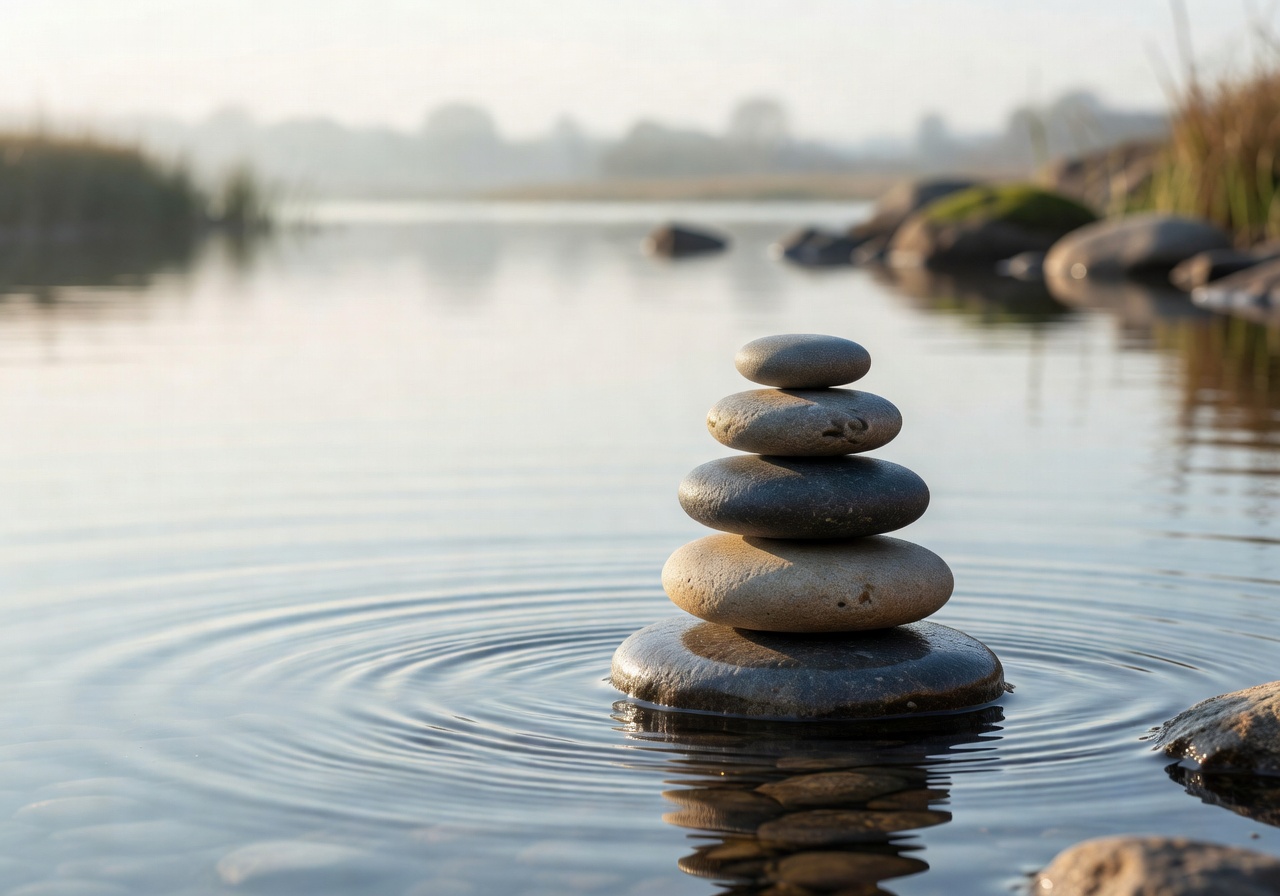 Calm zen stones stacked by water