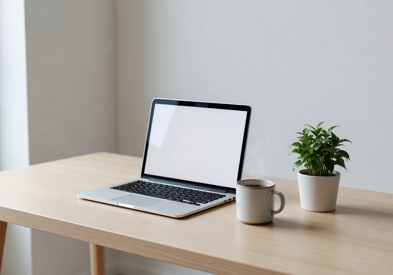 Clean minimalist workspace with laptop coffee and plant