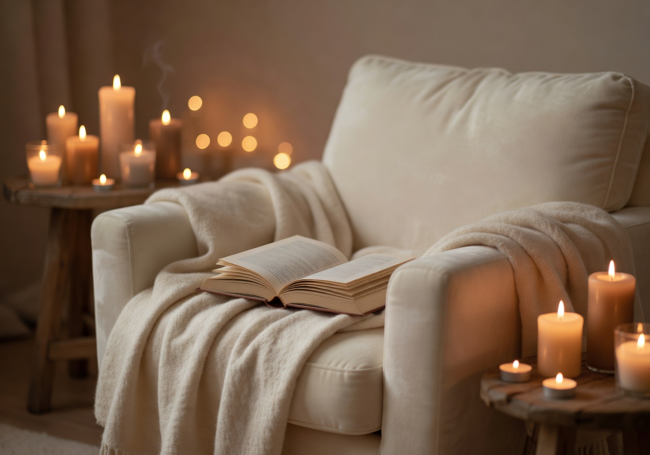 Cozy self-care evening with candles and book