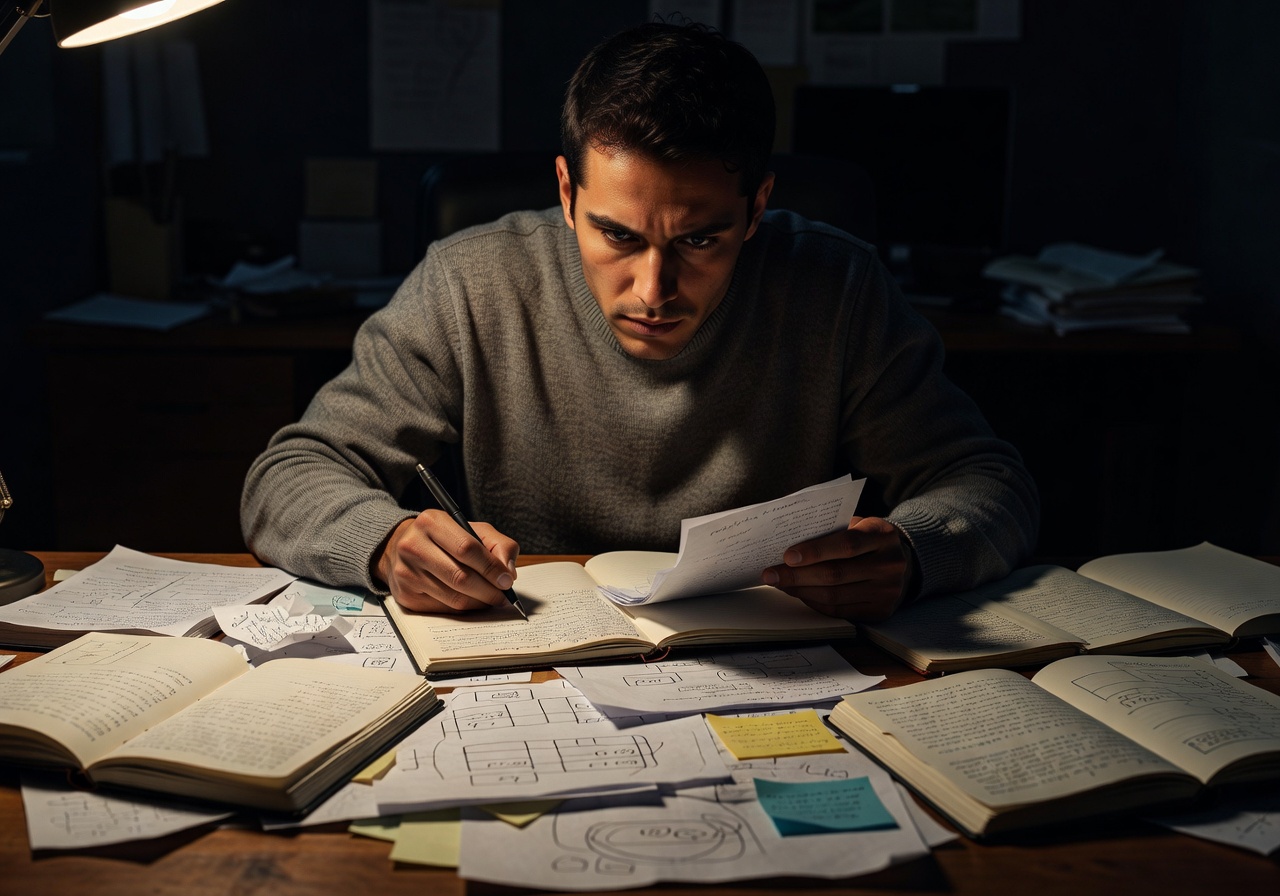 Focused person working at desk with notes