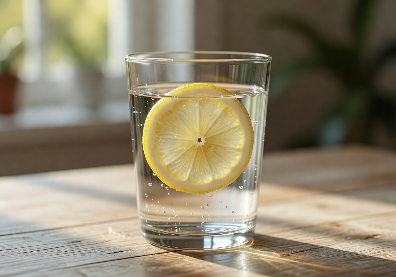 Glass of fresh water with lemon slice