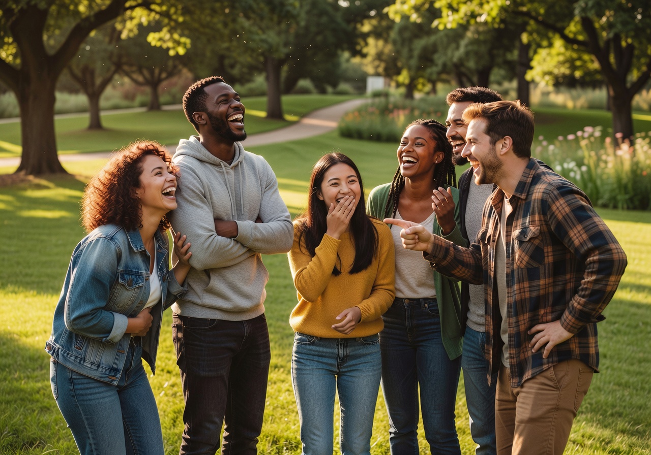 Group of friends laughing outdoors together