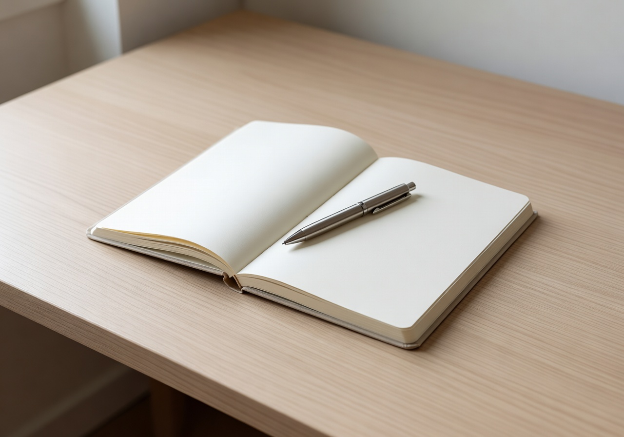 Minimalist desk with planner and pen
