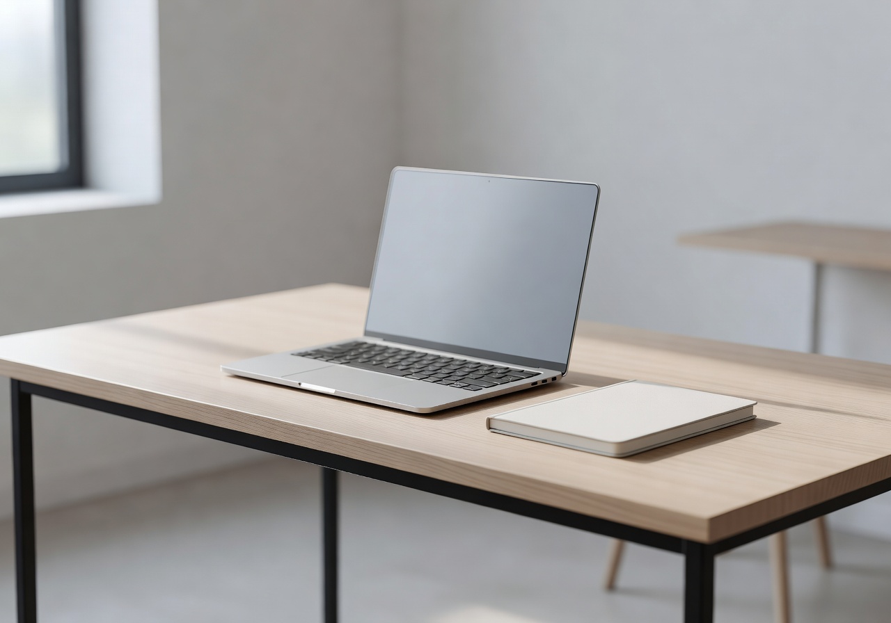 Organized minimalist desk setup with laptop and notebook