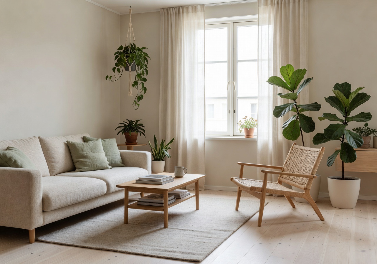 Peaceful Scandinavian living room with plants and natural light