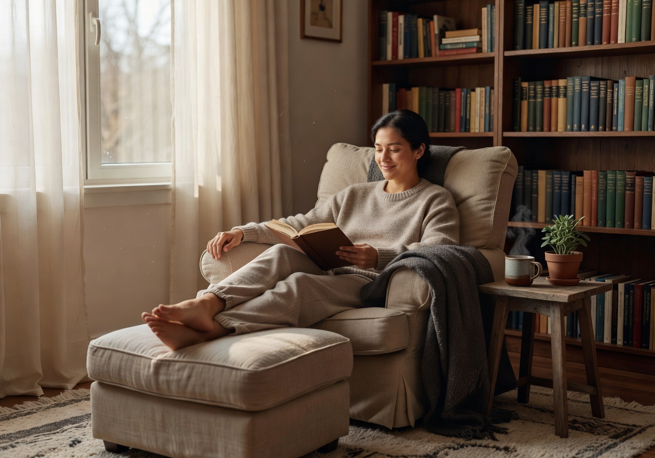 Person enjoying work-life balance in cozy reading nook