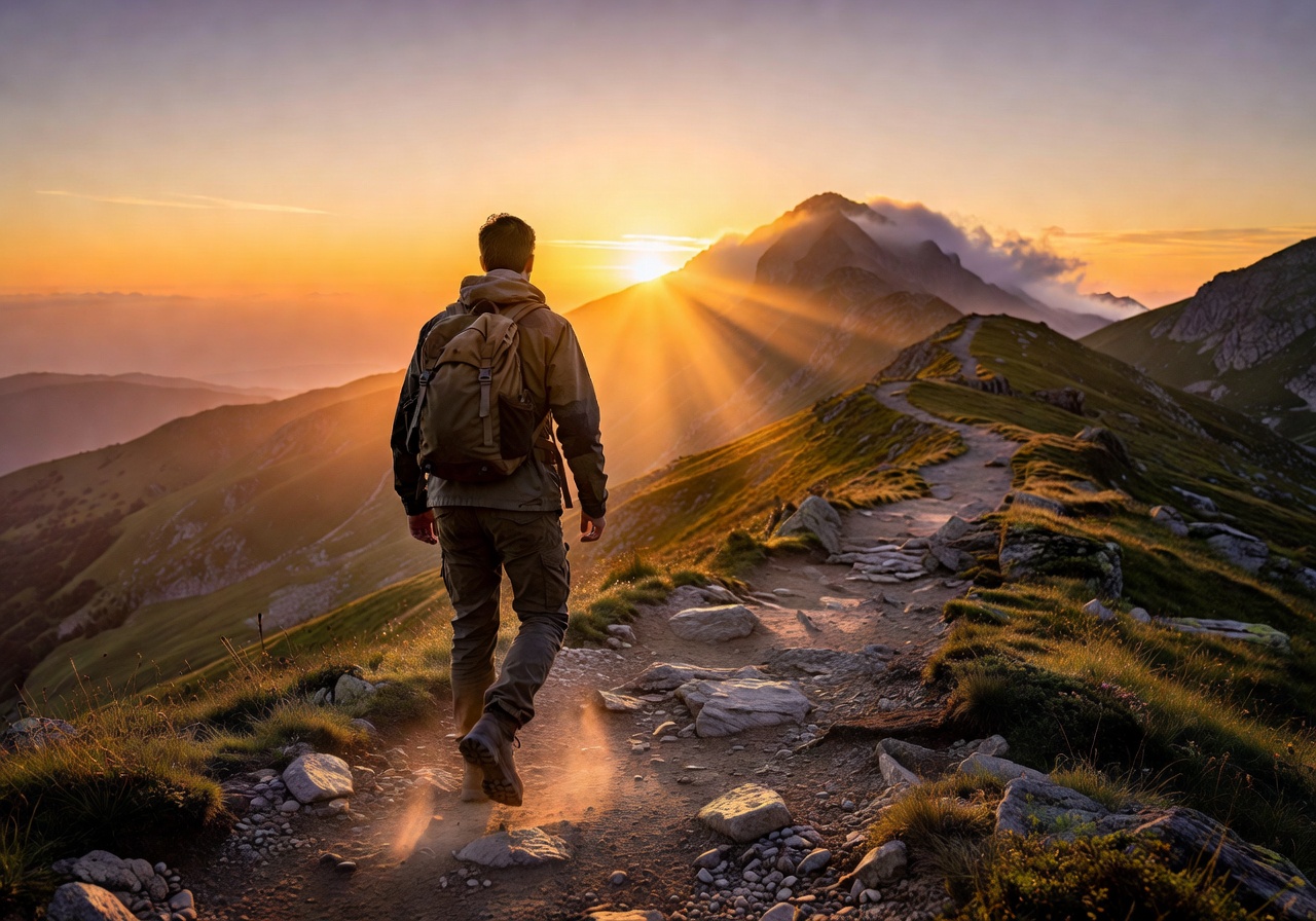 Person hiking towards mountain sunrise with motivation