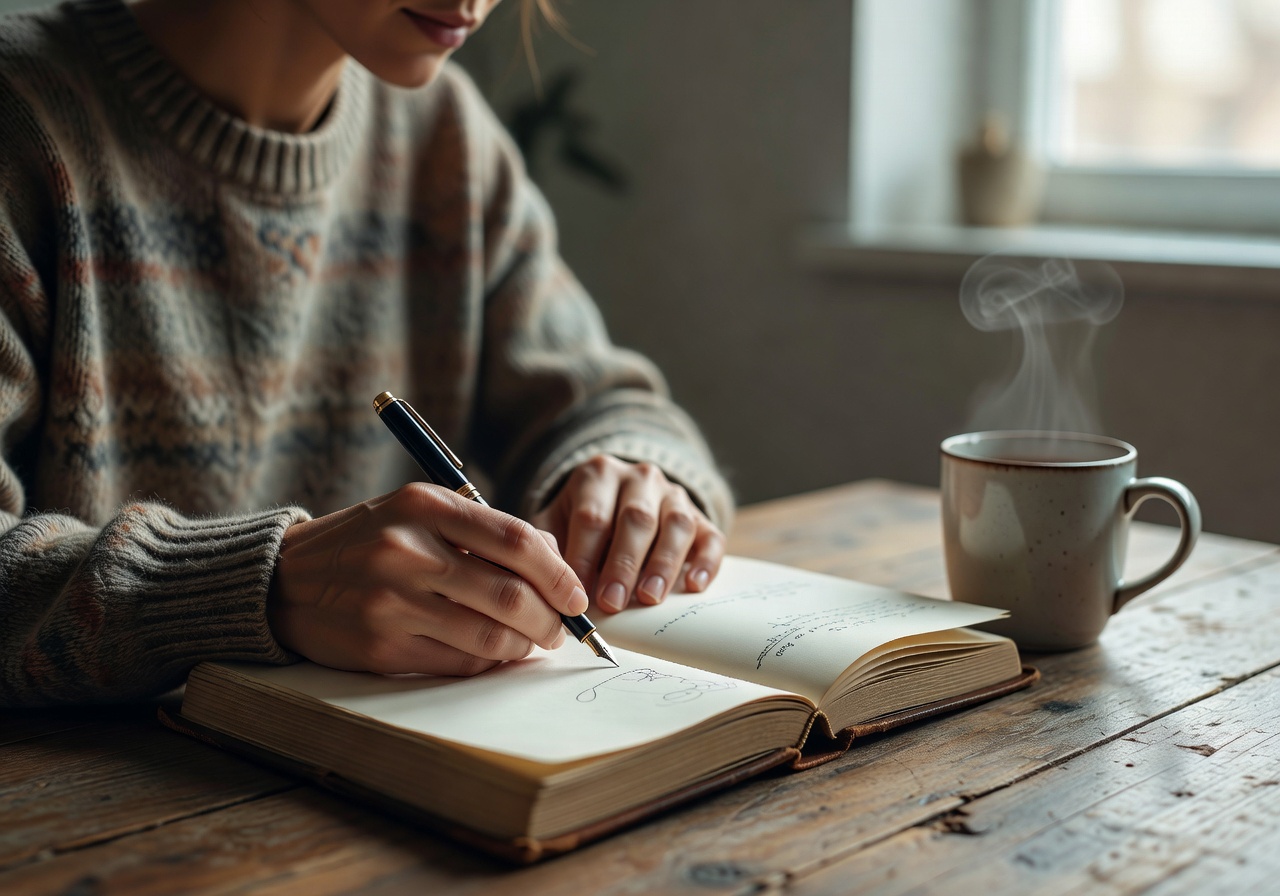 Woman journaling by window with morning tea