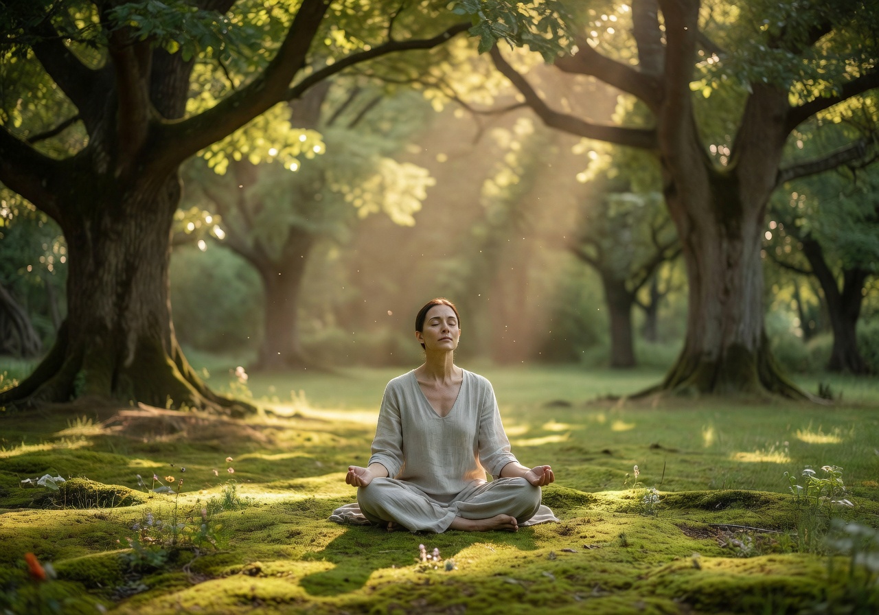 Person meditating peacefully outdoors