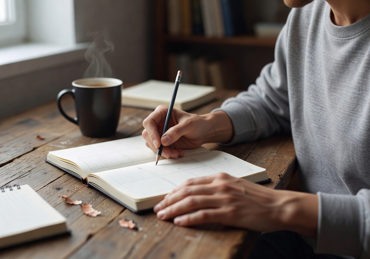 Person planning weekly schedule in notebook