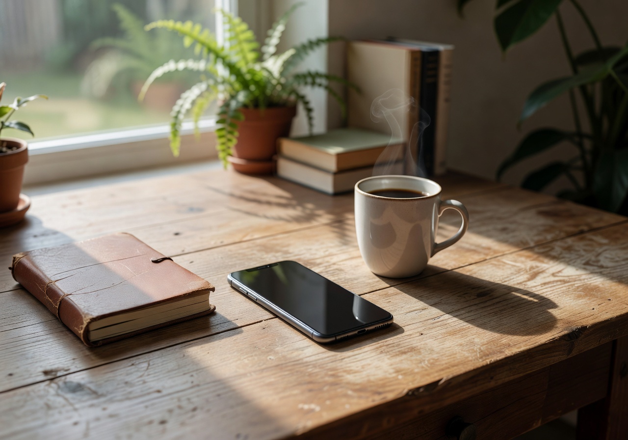 Minimalist productive workspace with notebook and laptop