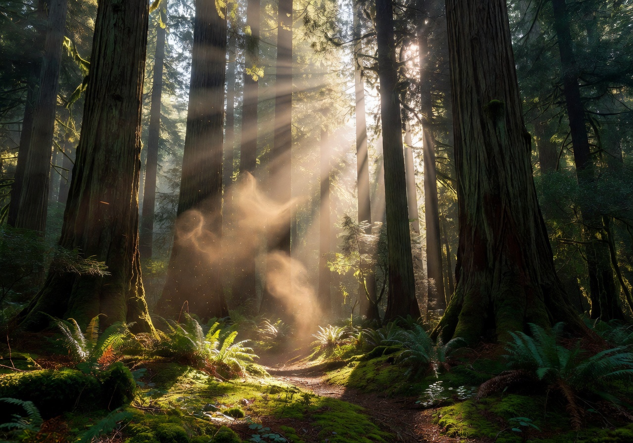 Sunlight streaming through tall forest trees