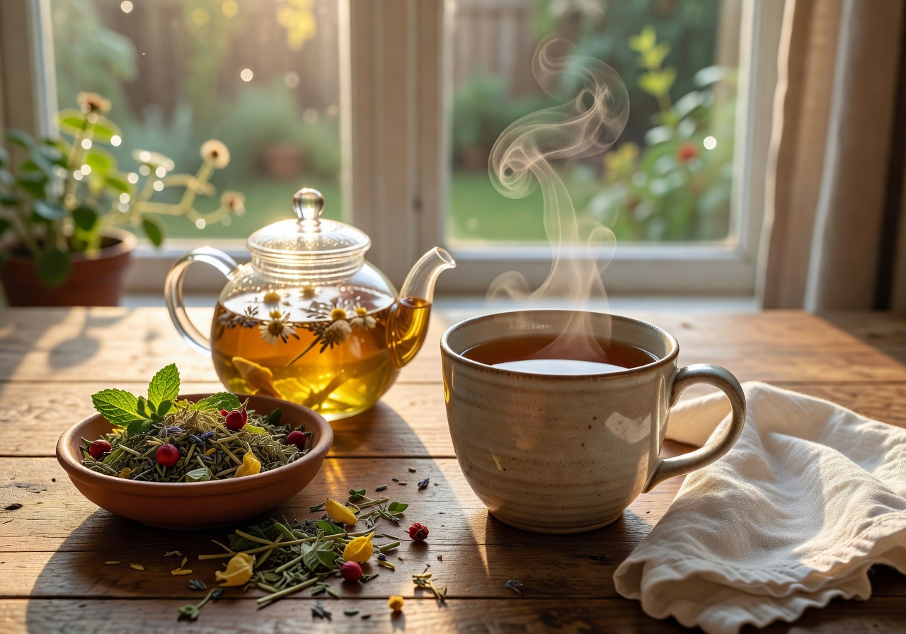 Hands holding warm cup of herbal tea
