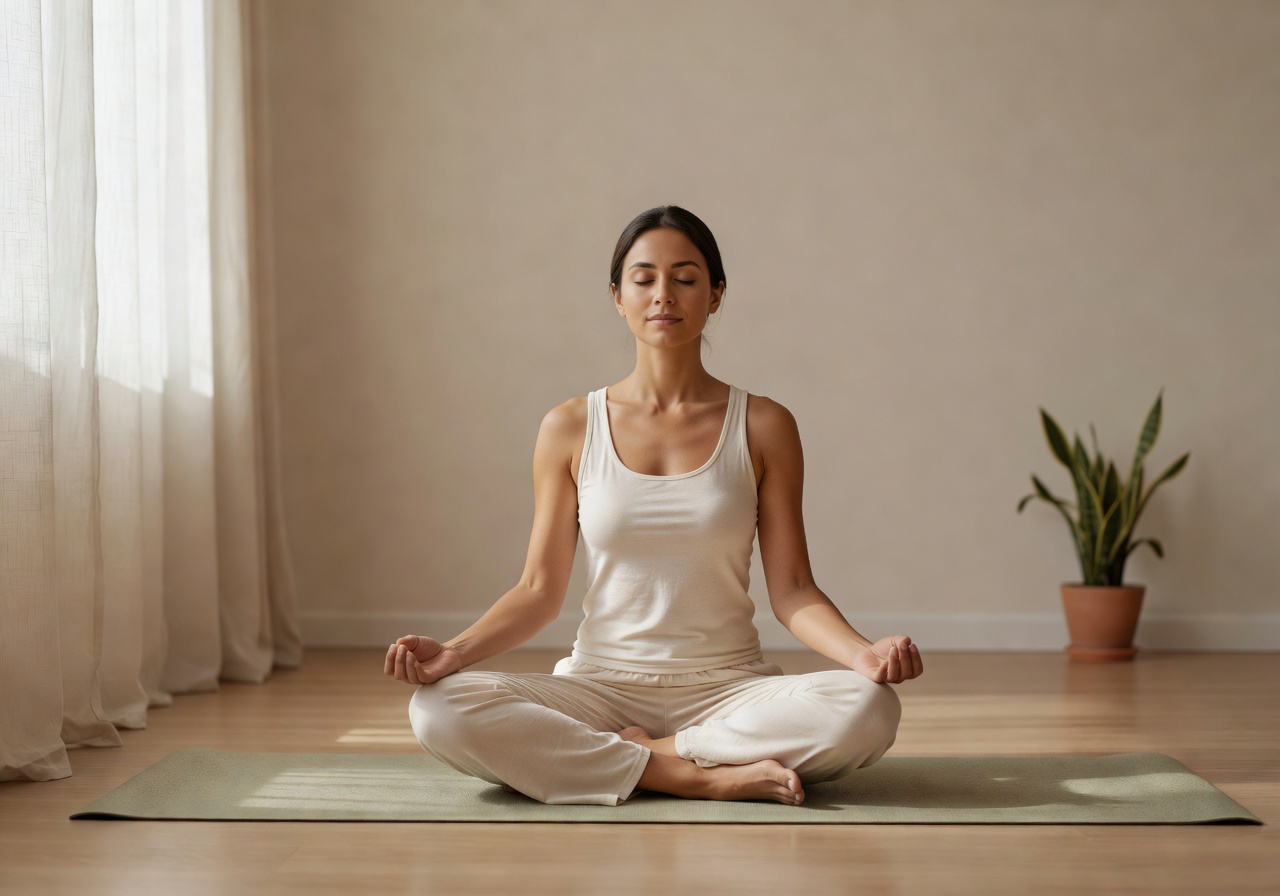 Woman meditating peacefully on yoga mat in calm therapy room
